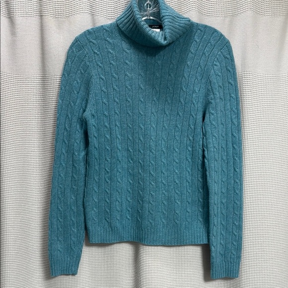J Crew Cable Knit Turtleneck Sweater SZ M teal/aqua fisherman cashmere/wool EUC - Picture 1 of 5